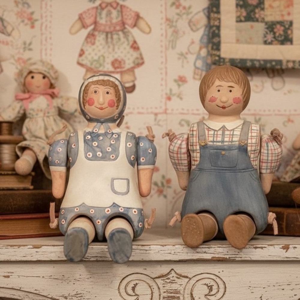 Ceramic Rag Doll Figurines, Set Of 2, Hand-Painted Man & Lady, Articulated Limbs